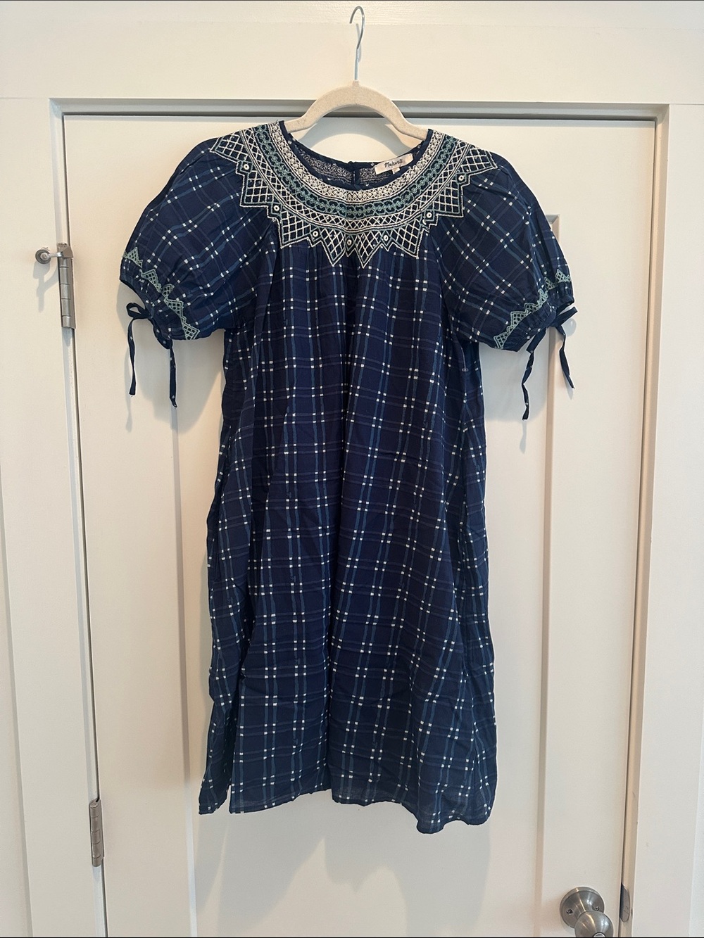 Madewell Embroidered Puff-Sleeve Babydoll Dress in Indigo Plaid